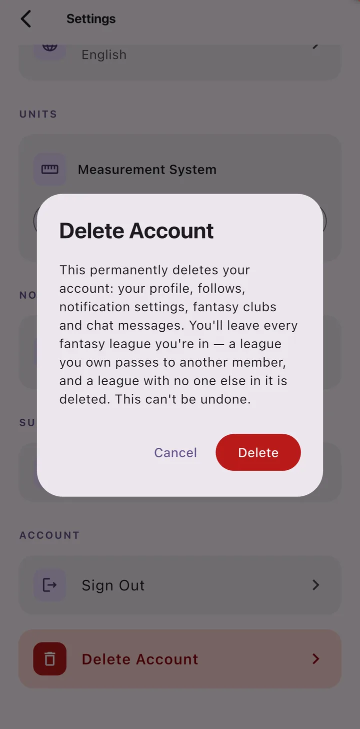 Delete Account confirmation box, with the red Delete button next to Cancel circled
