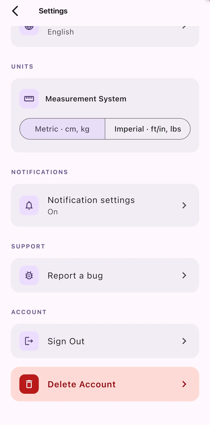 Settings scrolled to the Account section, with the red Delete Account button below Sign Out circled