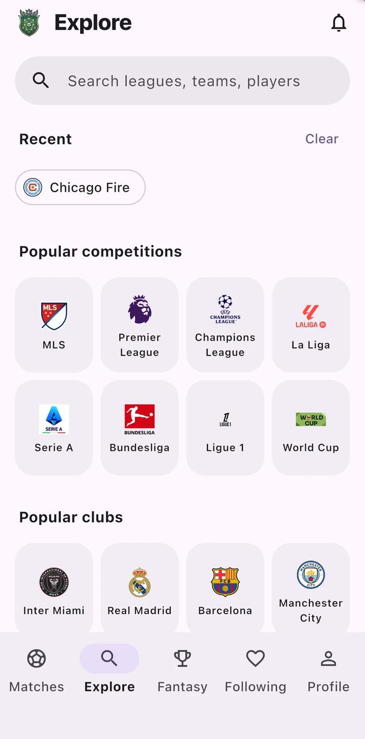 Explore screen with search and popular competitions and clubs