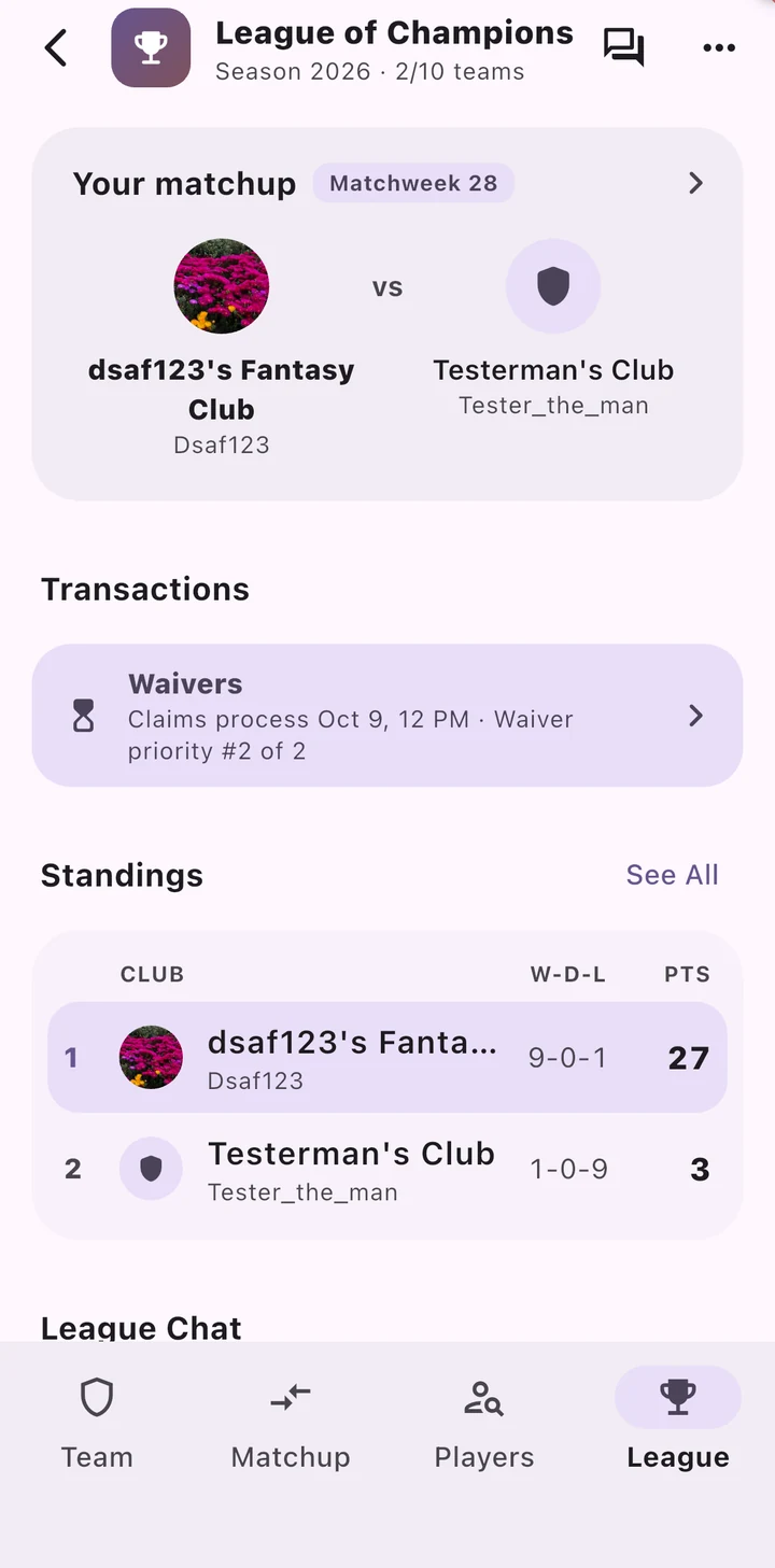 League home with your matchup, transactions and standings