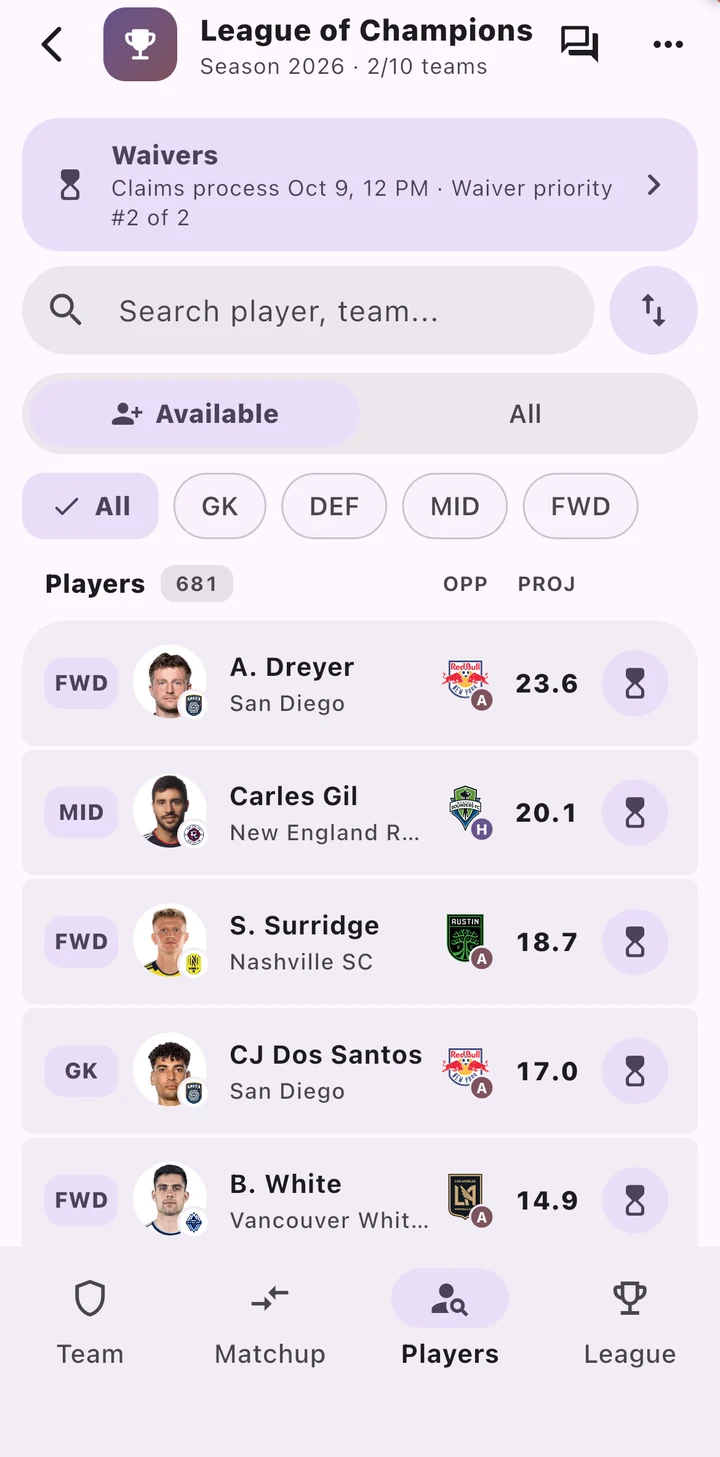 Players tab with search, position filters, projections and waiver claims